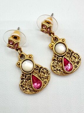 Vintage 1928 Pink Rhinestone White Moonglow Filigree Earrings Romantic Coquette